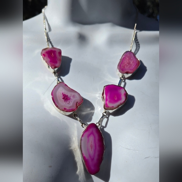 Pink Agate slice sterling Necklace 10"/20" - Picture 3 of 7